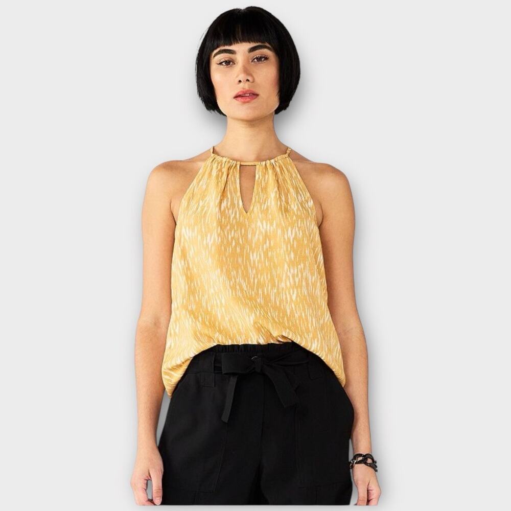 NWT Nine West Sleeveless Keyhole Halter Top – Mustard Yellow Ikat – Size XL N29